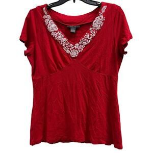 Style & Co. Vintage Red embroidered babydoll Jersey knit top whimsyY2K boho SZ M